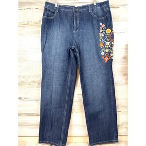 Talbots Womens 18 Plus Blue Y2K Embroidered Floral Straight Leg Denim Jeans Pant